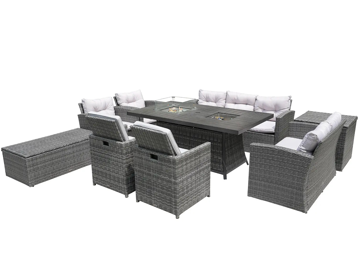 Nine Piece Gray Wicker Multiple Chairs Seating Group With Fire Pit And Table Homeroots Outdoor
