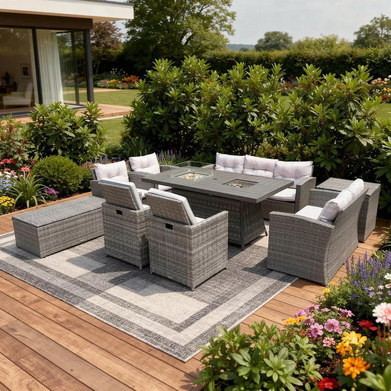 Nine Piece Gray Wicker Multiple Chairs Seating Group With Fire Pit And Table Homeroots Outdoor