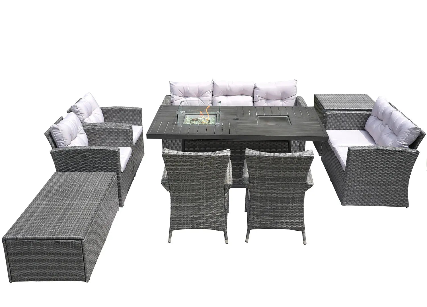 Nine Piece Gray Wicker Multiple Chairs Seating Group With Fire Pit And Table Homeroots Outdoor