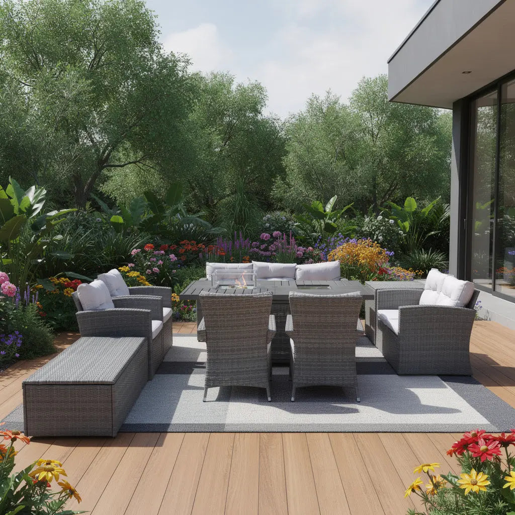Nine Piece Gray Wicker Multiple Chairs Seating Group With Fire Pit And Table Homeroots Outdoor
