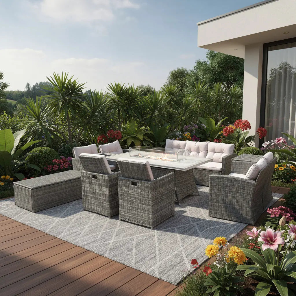 Nine Piece Gray Wicker Multiple Chairs Seating Group With Fire Pit And Table Homeroots Outdoor
