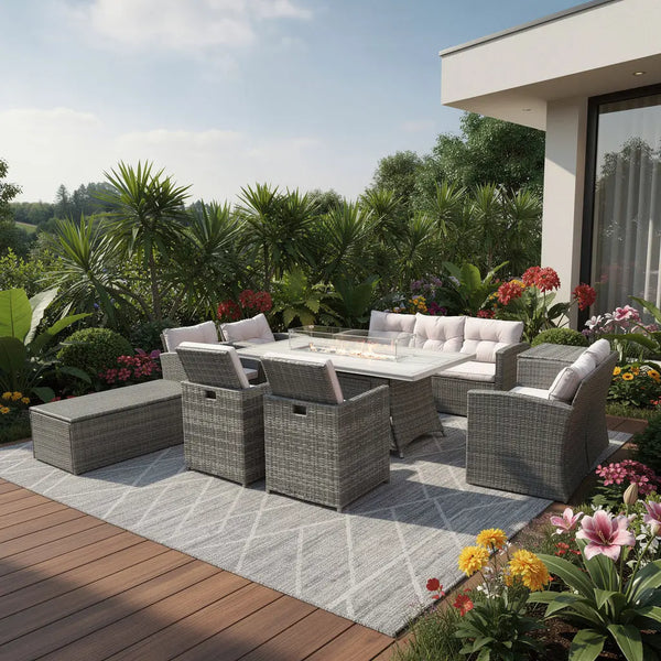 Nine Piece Gray Wicker Multiple Chairs Seating Group With Fire Pit And Table Homeroots Outdoor
