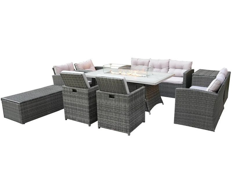 Nine Piece Gray Wicker Multiple Chairs Seating Group With Fire Pit And Table Homeroots Outdoor