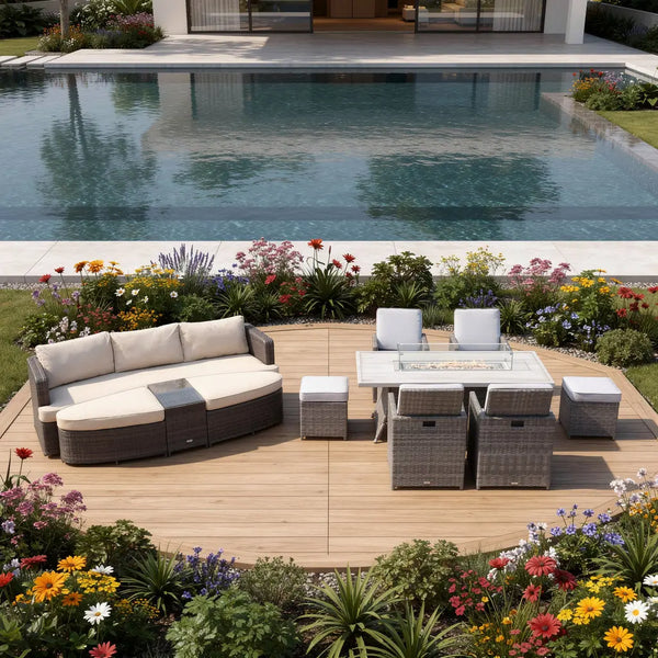 Nine Piece Gray Wicker Multiple Chairs Seating Group With Fire Pit And Table Homeroots Outdoor