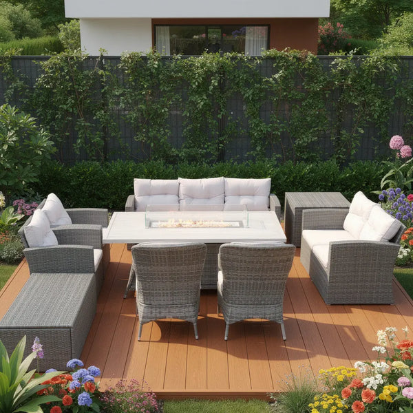 Nine Piece Gray Wicker Multiple Chairs Seating Group With Fire Pit And Table Homeroots Outdoor