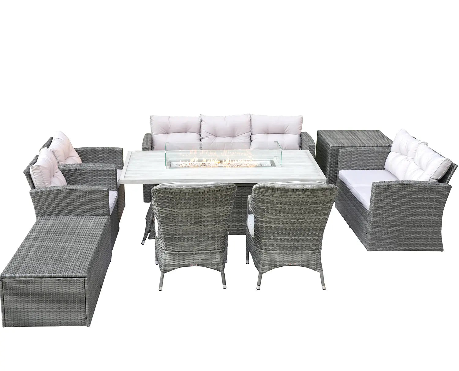 Nine Piece Gray Wicker Multiple Chairs Seating Group With Fire Pit And Table Homeroots Outdoor