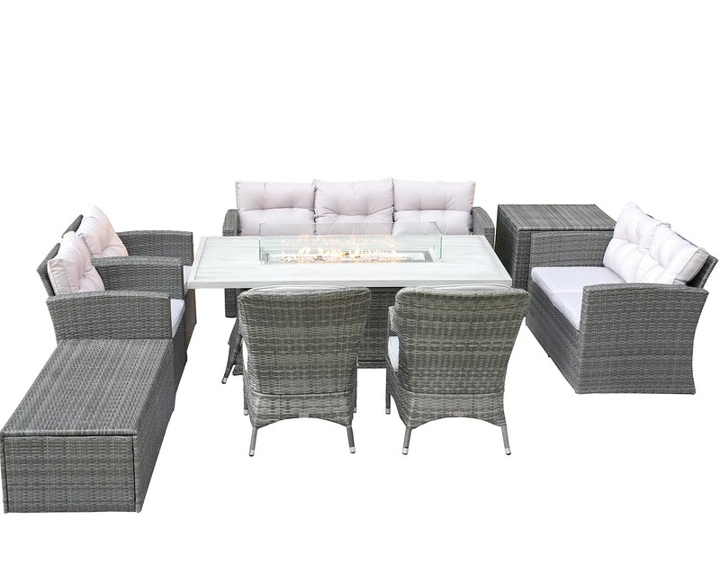 Nine Piece Gray Wicker Multiple Chairs Seating Group With Fire Pit And Table Homeroots Outdoor