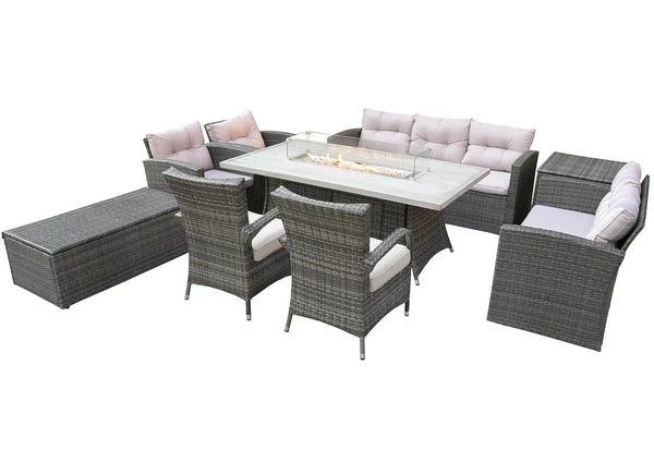 Nine Piece Gray Wicker Multiple Chairs Seating Group With Fire Pit And Table Homeroots Outdoor