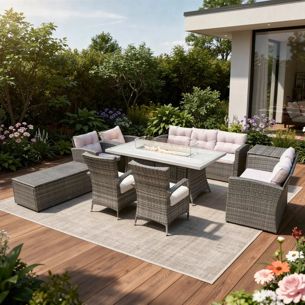 Nine Piece Gray Wicker Multiple Chairs Seating Group With Fire Pit And Table Homeroots Outdoor