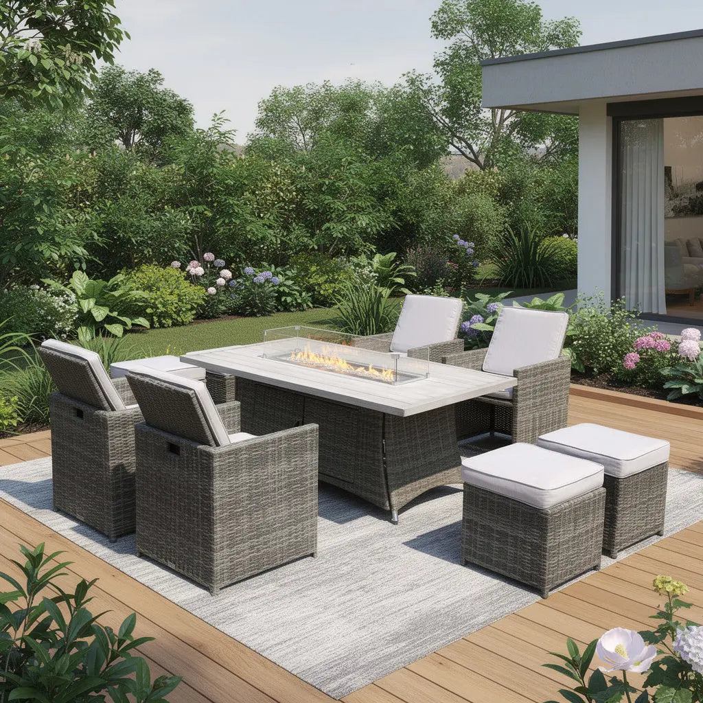 Nine Piece Gray Wicker Multiple Chairs Seating Group With Fire Pit And Table Homeroots Outdoor
