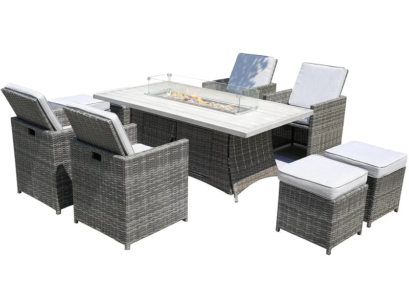 Nine Piece Gray Wicker Multiple Chairs Seating Group With Fire Pit And Table Homeroots Outdoor
