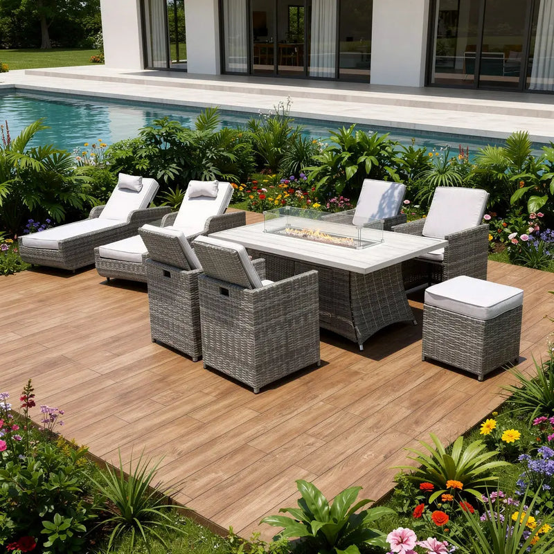 Nine Piece Outdoor Gray Wicker Multiple Chairs Seating Group Fire Pit Included with Gray Cushions Homeroots Outdoor