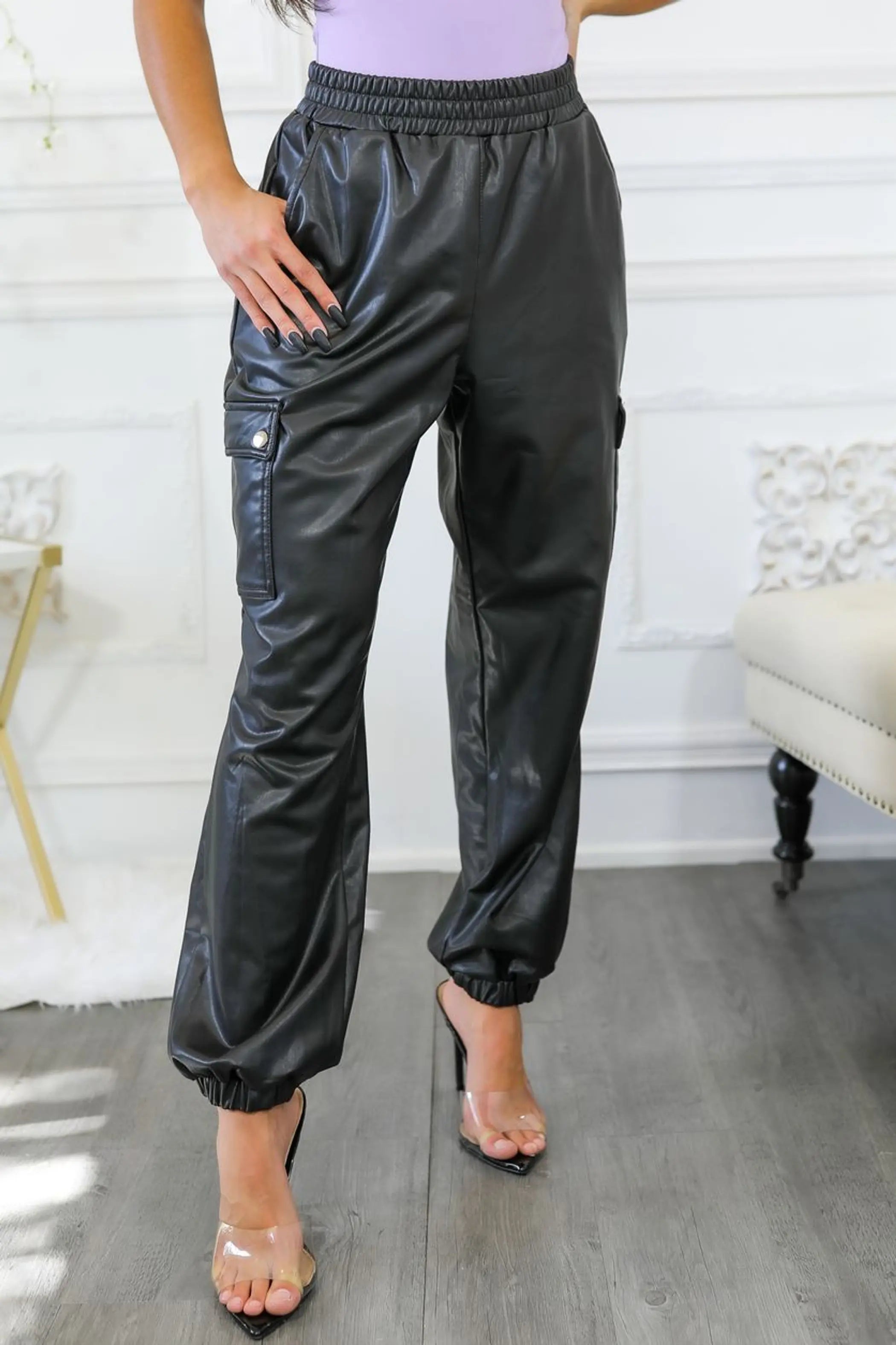 No Faux Intentions Faux Leather Cargo Jogger Pants SurelyMine