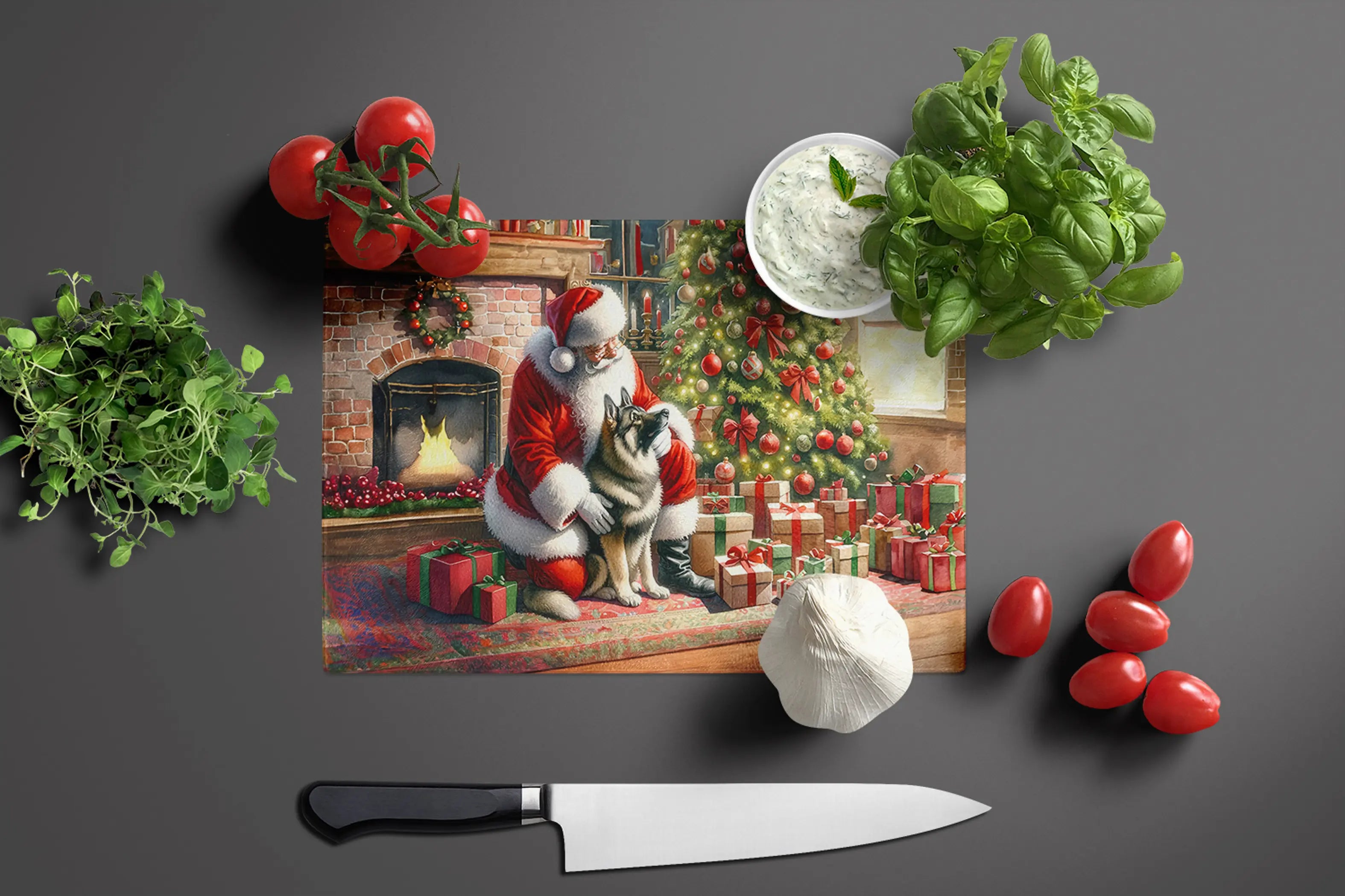 Norwegian Elkhound and Santa Claus Glass Cutting Board Caroline's Treasures