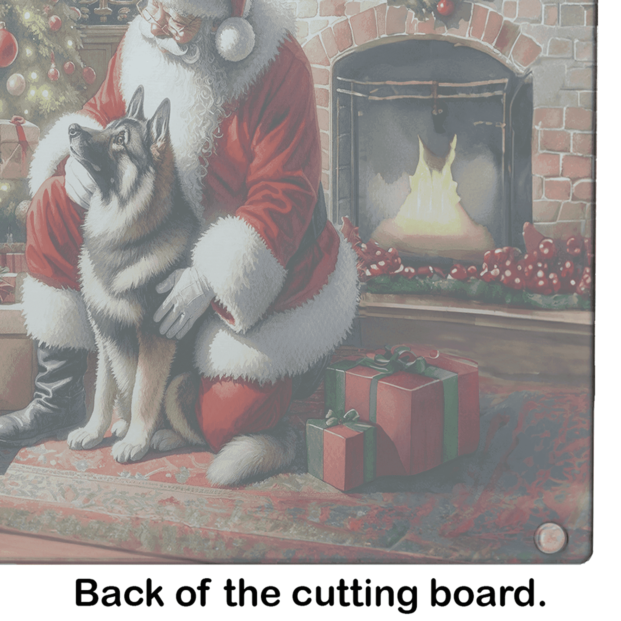 Back of a festive cutting board featuring Santa with a black and white dog, surrounded by Christmas gifts and a cozy fireplace.