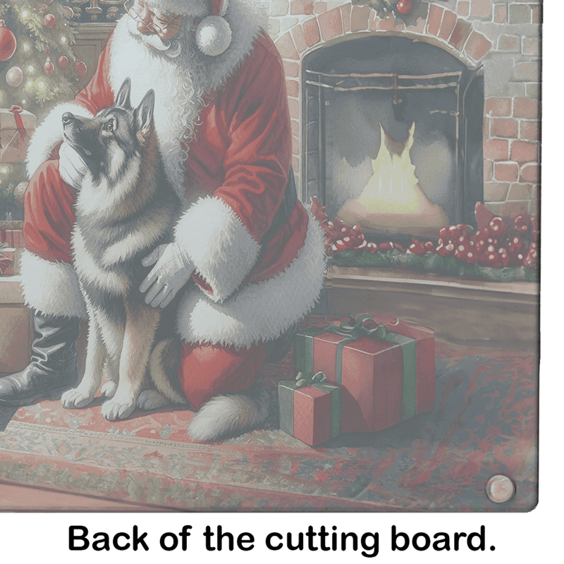 Back of a festive cutting board featuring Santa with a black and white dog, surrounded by Christmas gifts and a cozy fireplace.