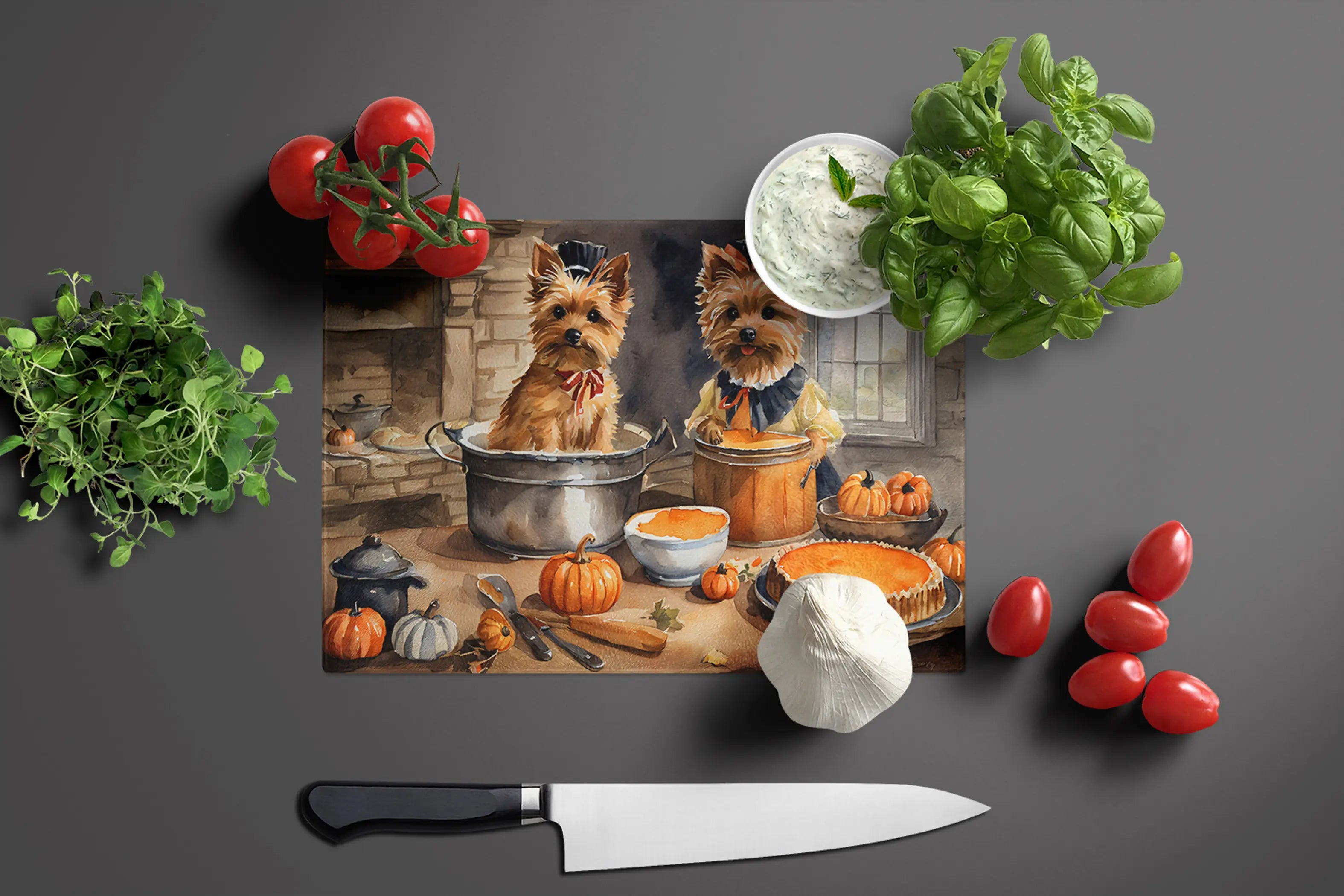 Norwich Terrier Fall Kitchen Pumpkins Glass Cutting Board Caroline's Treasures