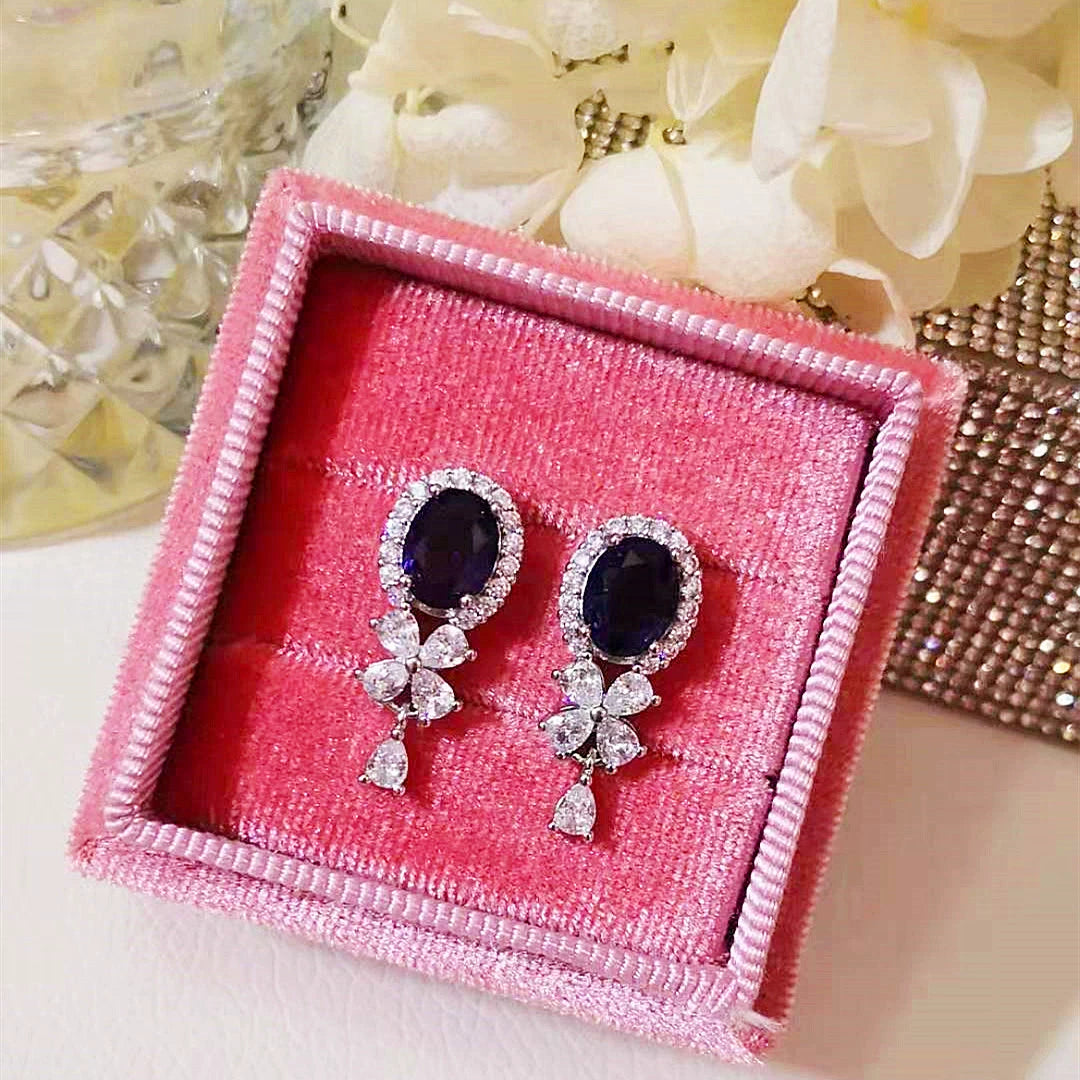 Japanese and Korean Earrings Jewelry Micro Inlaid Zircon Violet Water Drop Flower Petite Earrings Elegant Gold-Plated Tassel Female Silver Needle