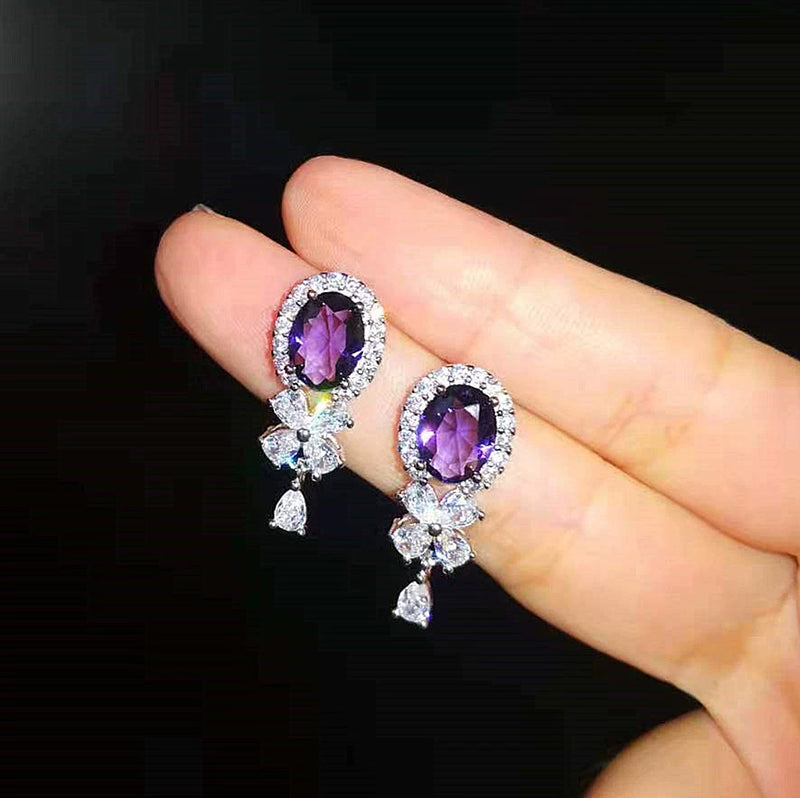 Japanese and Korean Earrings Jewelry Micro Inlaid Zircon Violet Water Drop Flower Petite Earrings Elegant Gold-Plated Tassel Female Silver Needle 2.5cm*1cm