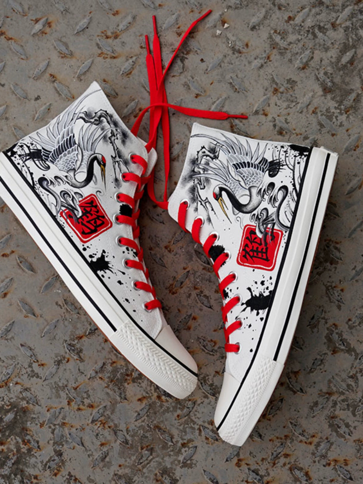 Summer New Arrival High-Top Canvas Shoes Ink Painting Crane Hand-Painted Ancient Style Shoelace Artistic Conception Graffiti Easiest for Match National Style Skate Shoes for Men