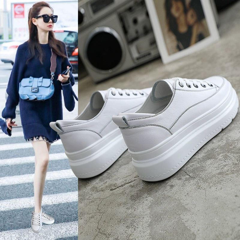 Spring White Shoes Women's New New Arrival K-style Internet Celebrity Easiest for Match Thick Sole Hidden Heel Summer Platform Shoes Breathable Sneakers Fashion