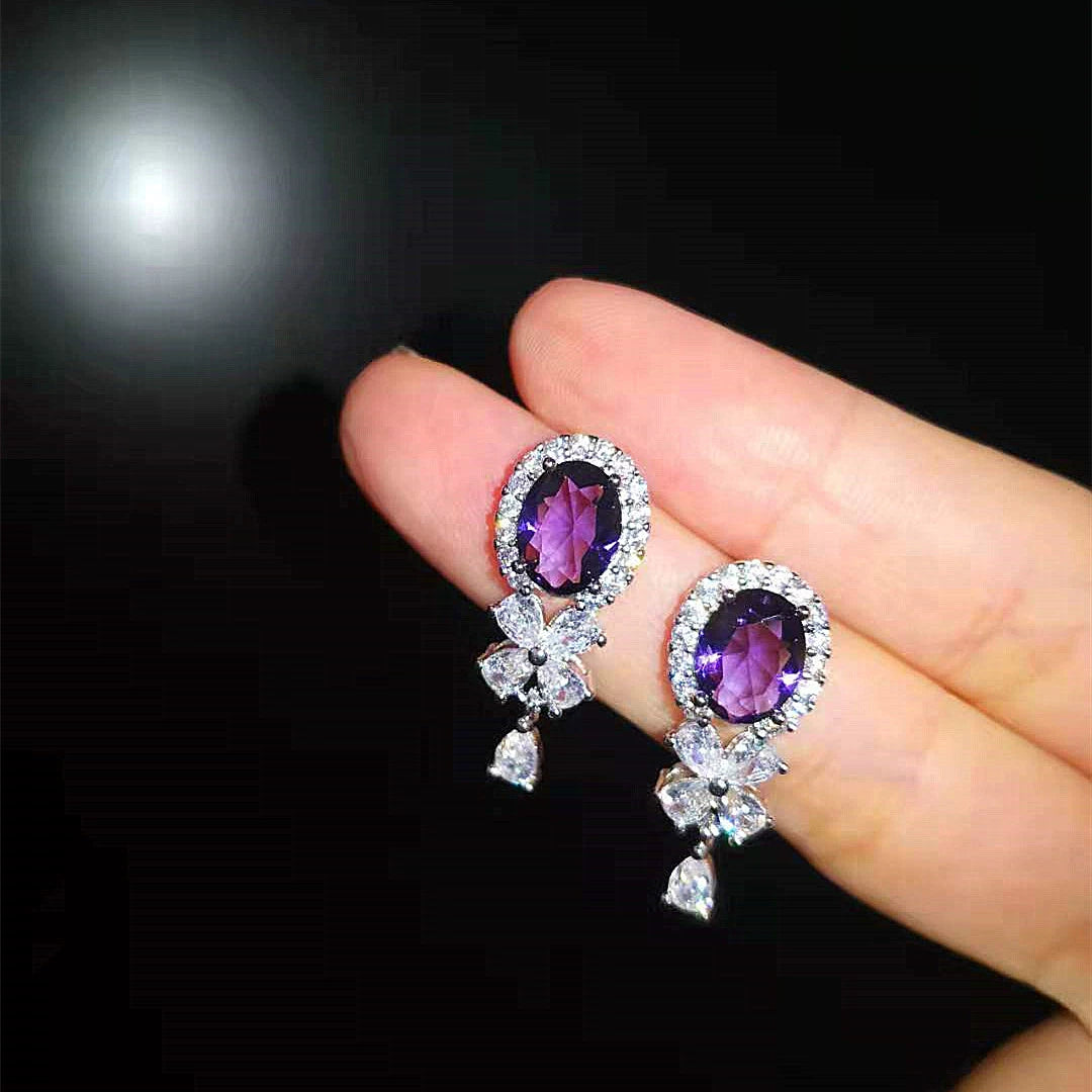 Japanese and Korean Earrings Jewelry Micro Inlaid Zircon Violet Water Drop Flower Petite Earrings Elegant Gold-Plated Tassel Female Silver Needle