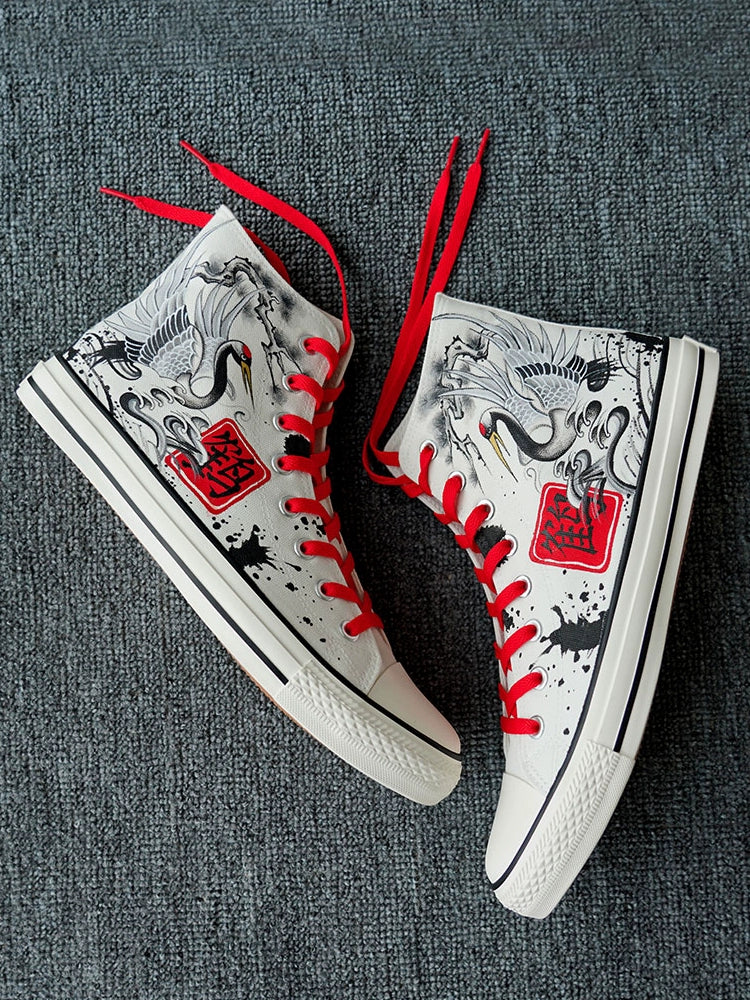 Summer New Arrival High-Top Canvas Shoes Ink Painting Crane Hand-Painted Ancient Style Shoelace Artistic Conception Graffiti Easiest for Match National Style Skate Shoes for Men