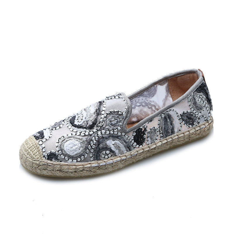 Classic Style Fisherman Shoes Women's 2024 New Arrival Lace Straw Linen Sole Slip-on Embroider Breathable Fashion Lazybones Flats