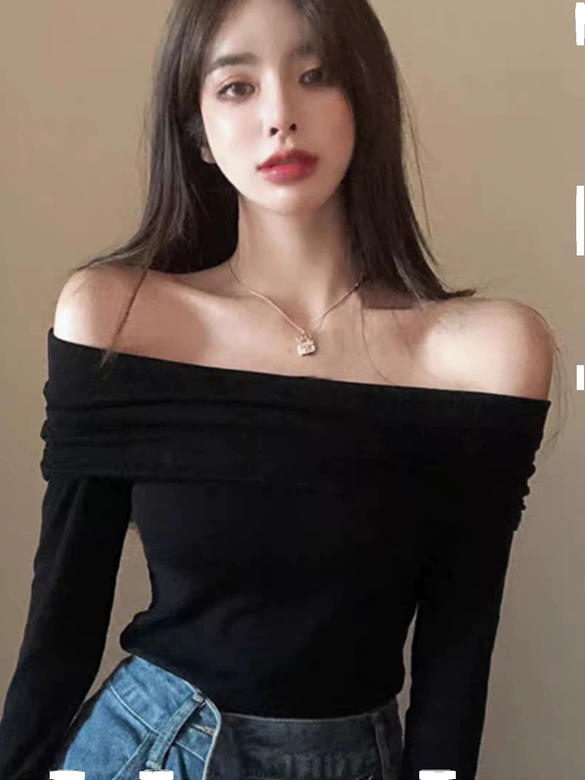 American Retro Sexy Stylish off-Shoulder Long Sleeves T-Shirt Women's off-Shoulder Stylish Chic Sexy Tight Bottoming Shirt