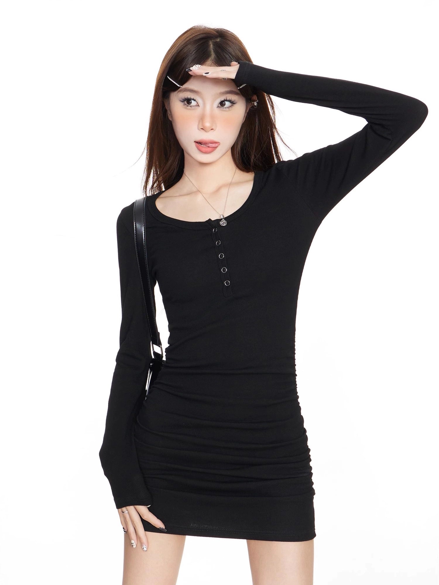 Ruched Black Early Autumn Tight Sexy Long Sleeves Dress