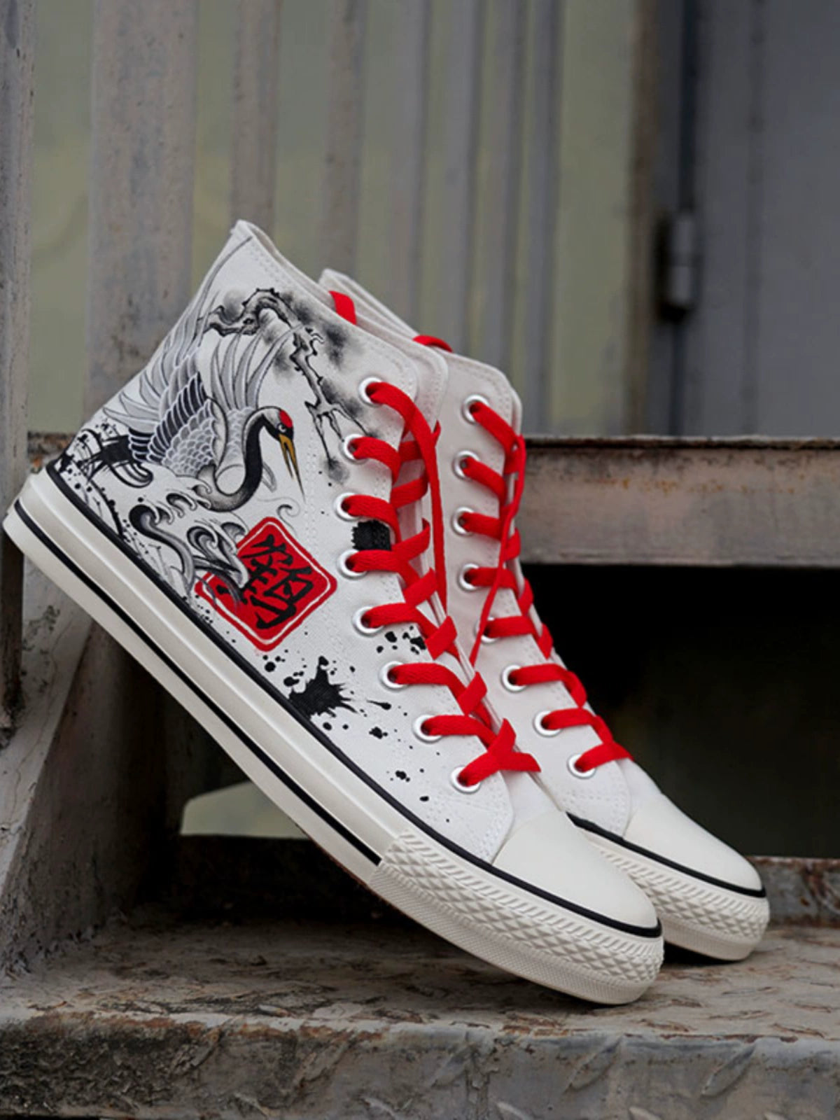 Summer New Arrival High-Top Canvas Shoes Ink Painting Crane Hand-Painted Ancient Style Shoelace Artistic Conception Graffiti Easiest for Match National Style Skate Shoes for Men