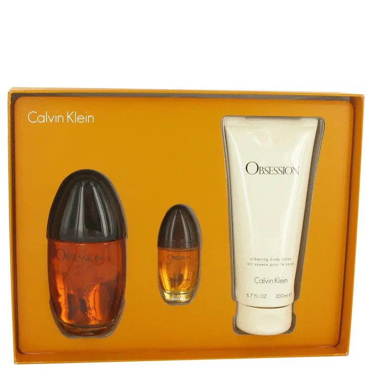 Obsession by Calvin Klein Gift Set -- 3.4 oz Eau De Parfum Spray + 6.7 oz Body Lotion + .5 oz Mini EDP Spray for Women Calvin Klein