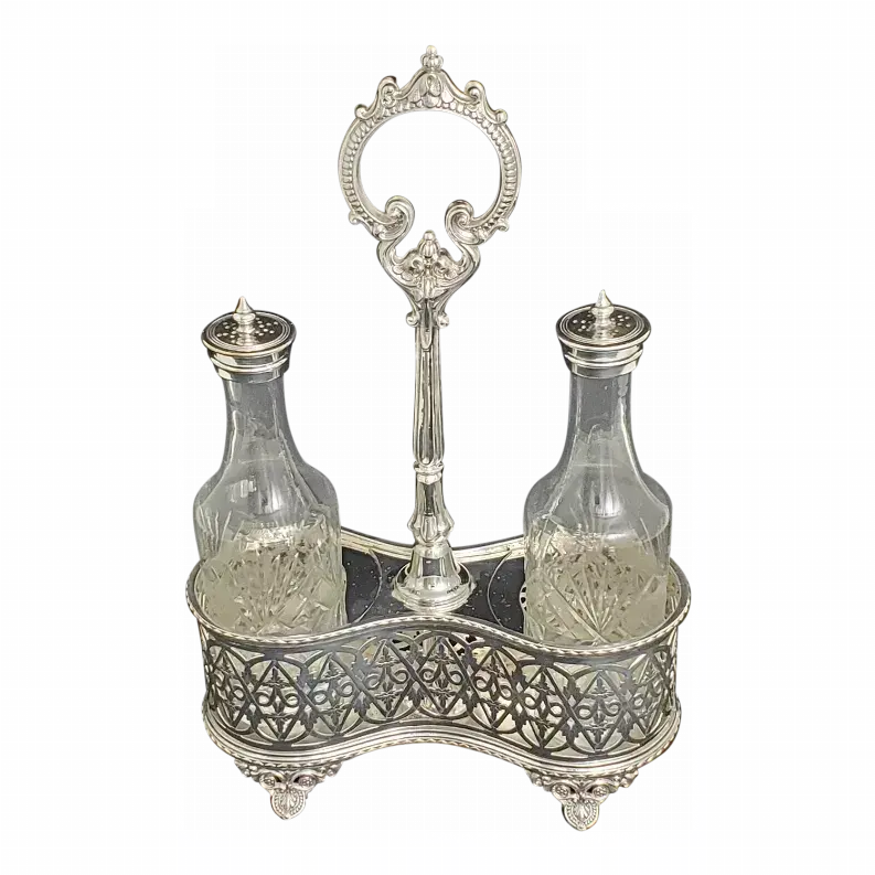 Oil and Vinegar in Frame English Silver Plate c. 1870 Corbell Silver