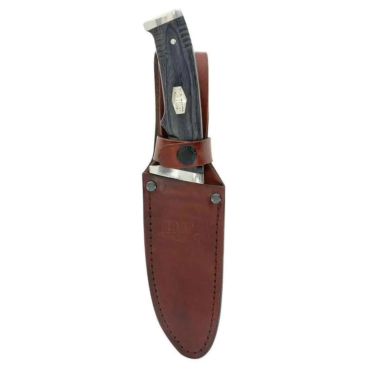 Handcrafted pocket knife with a black wood handle and stainless steel blade, featuring a brown leather sheath.