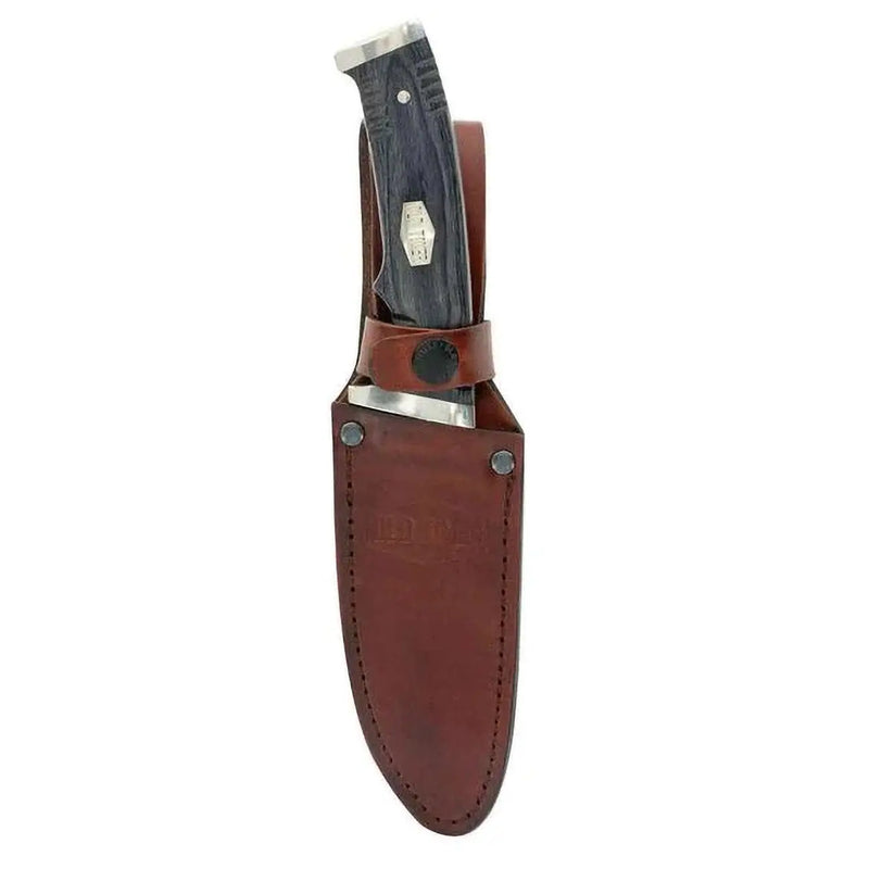 Handcrafted pocket knife with a black wood handle and stainless steel blade, featuring a brown leather sheath.