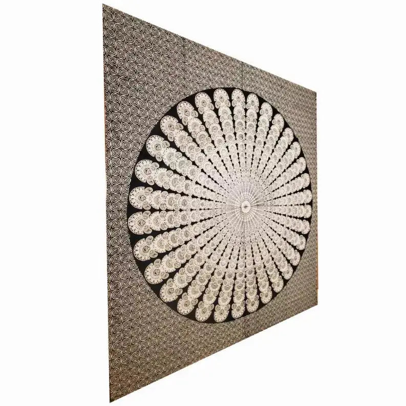 Optical Illusion Black and White Spiral Peacock Dance Mandala Tapestry Wild Lotus