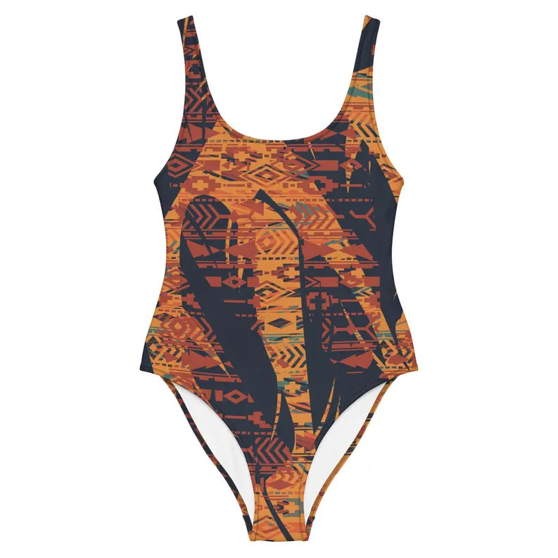 Orange and Indigo Leaf Print One Piece Swimsuit Adirelounge