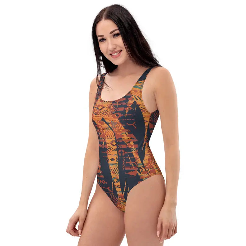 Orange and Indigo Leaf Print One Piece Swimsuit Adirelounge