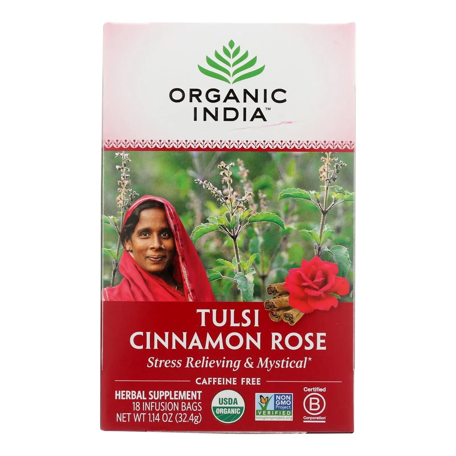 Organic India Tulsi Tea Cinnamon Rose - 18 Tea Bags - Case Of 6 Organic India