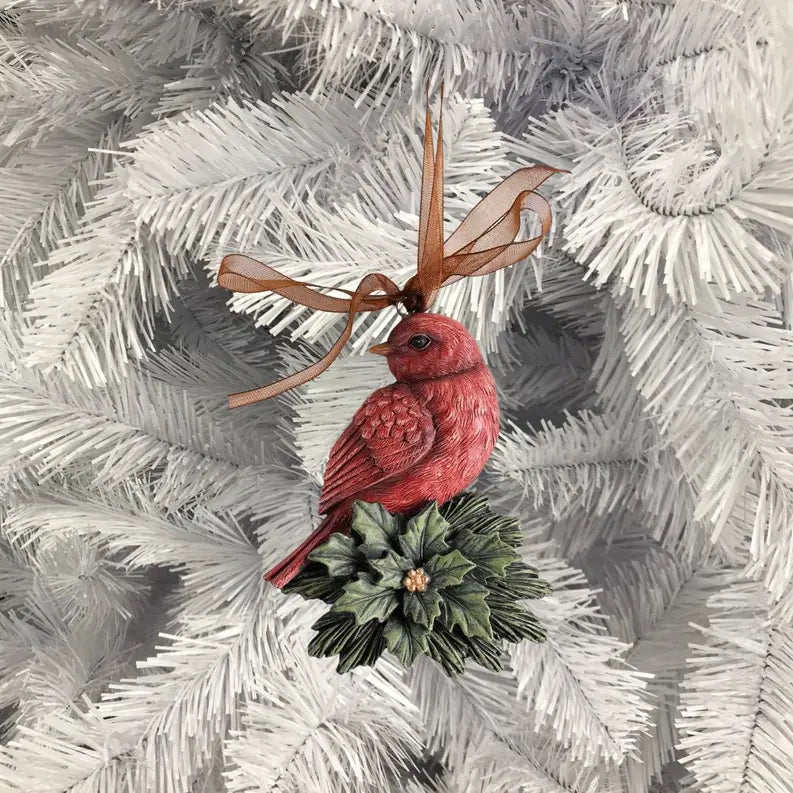 Ornament Redbird On Holly Red Ribbon 4H Dicksons Inc