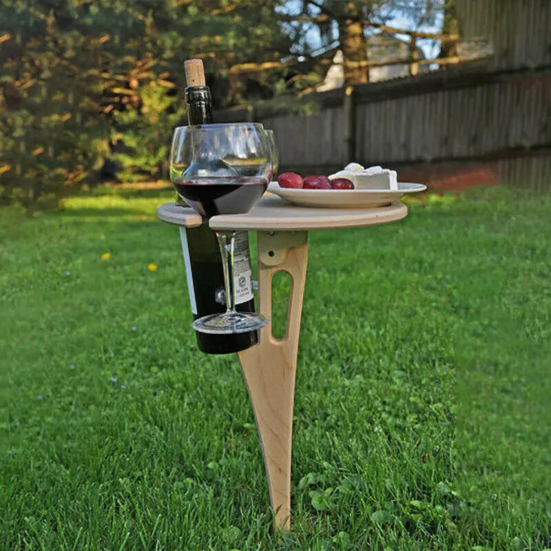 Outdoor Wine Table Portable Picnic Table Wine Glass Racks Foldable Round Desktop Wooden Picnic Table Garden Collapsible Table