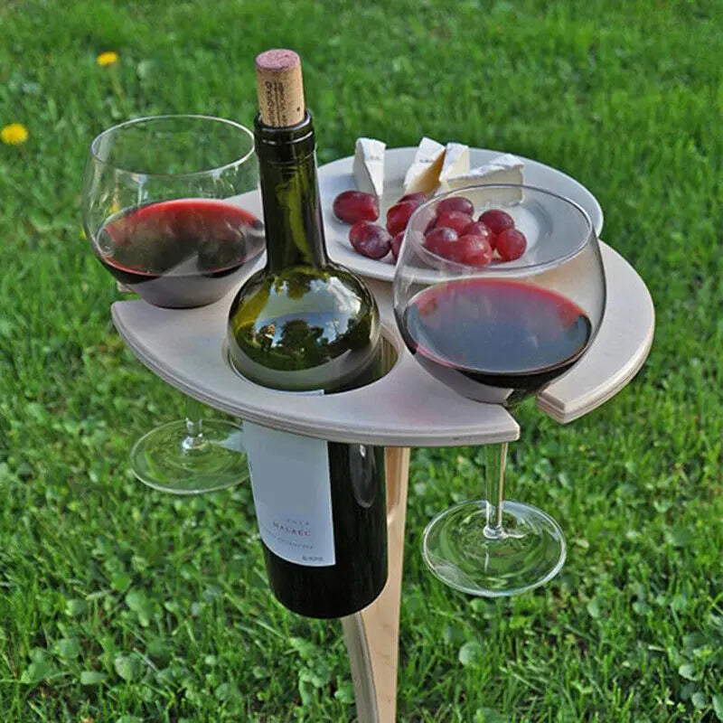 Outdoor Wine Table Portable Picnic Table Wine Glass Racks Foldable Round Desktop Wooden Picnic Table Garden Collapsible Table