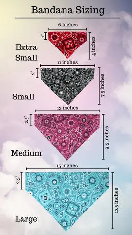 Colorful bandana sizing chart: red, black, pink, featuring paisley patterns for extra small to large sizes.