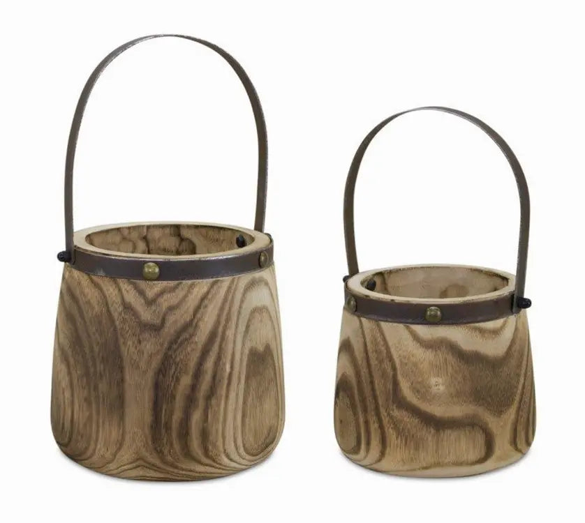 Pail (Set of 2) 7.5"D x 11.75"H, 9"D x 14"H Wood/Steel Melrose Intl.