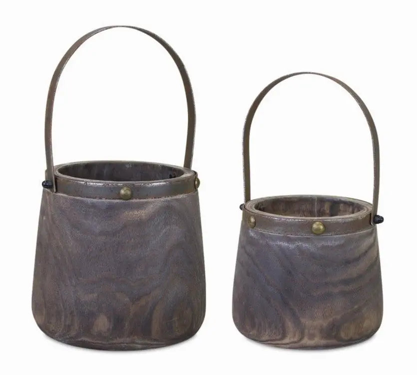 Pail (Set of 2) 7.5"D x 11.75"H, 9"D x 14"H Wood/Steel Melrose Intl.