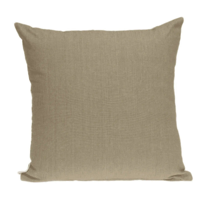 Beige linen throw pillow, 18x18 inches, soft textured fabric, perfect for modern or rustic decor.