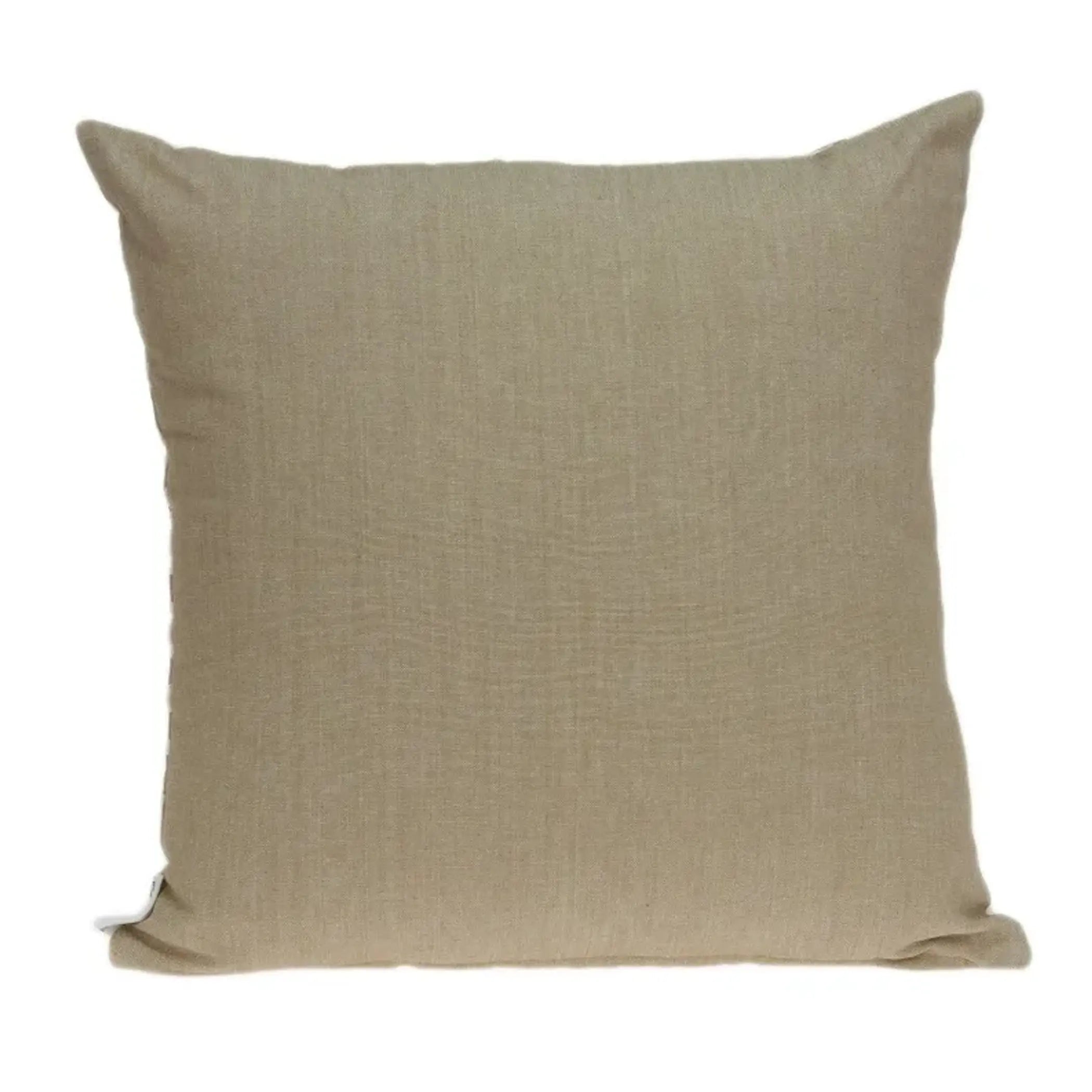 Beige linen throw pillow, 18x18 inches, soft textured fabric, perfect for modern or rustic decor.