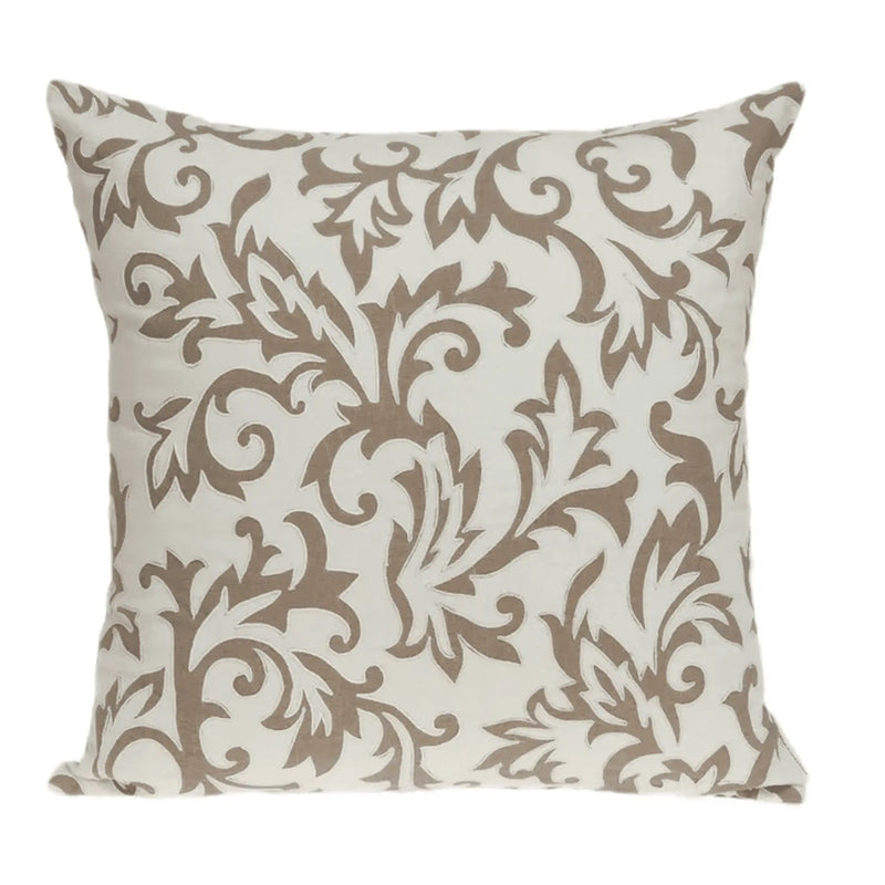 Beige and cream decorative throw pillow with elegant floral damask pattern, perfect for stylish home decor.