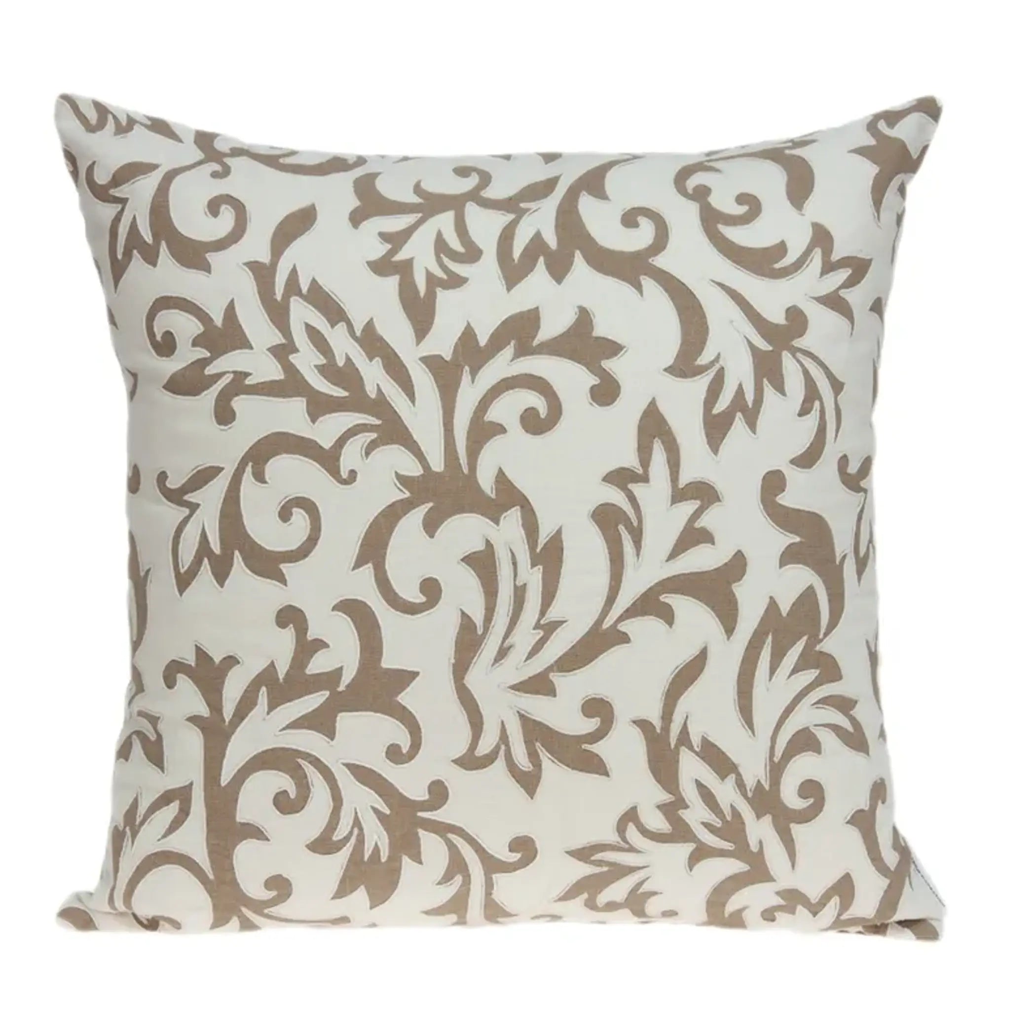 Beige and cream decorative throw pillow with elegant floral damask pattern, perfect for stylish home decor.