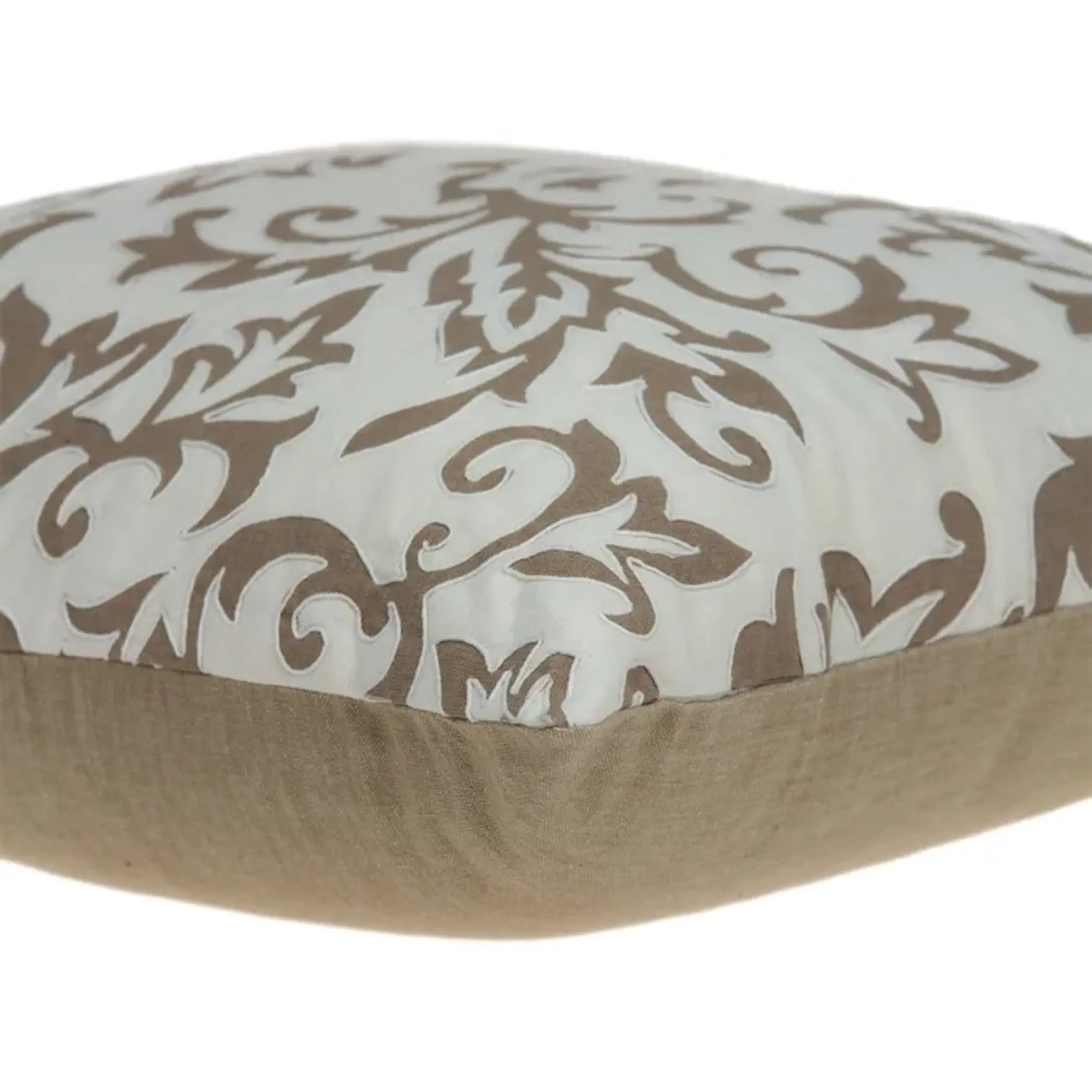 Beige and cream decorative pillow with intricate damask pattern, ideal for modern or traditional home decor.